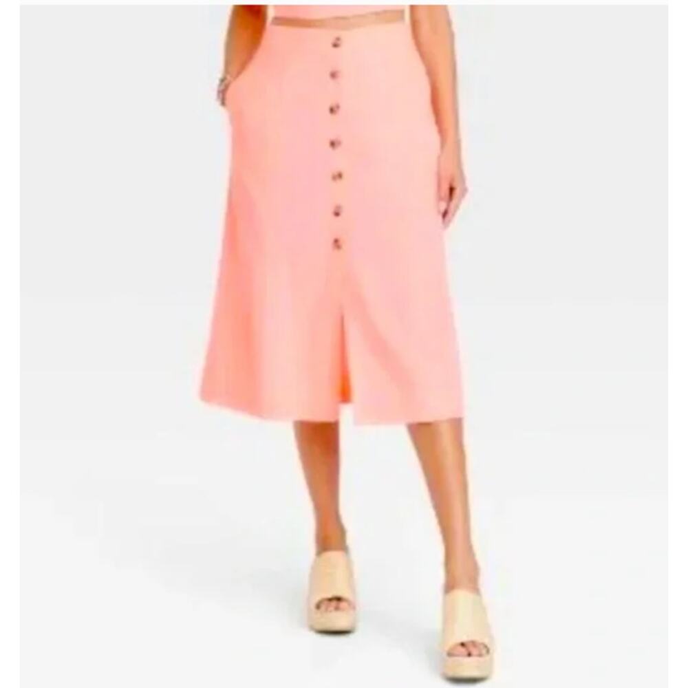 Universal Thread Button Front Linen Blend Midi Sk… - image 1